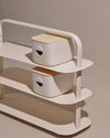 Side view of the Cream Entryway Rack Bundle with two cream Strorage Bins with Wooden lids 
