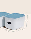 The Open Spaces Medium Storage Bins with Plastic Lids and dimensions on a cream background. 