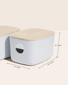 The Open Spaces Medium Storage Bin and Wooden Lid with dimensions on a cream background. 