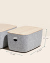 The Open Spaces Large Felt Bin and Wooden Lid with dimensions on a cream background. 