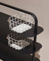 Close up of the Black Entryway Rack Bundle with two cream Strorage Baskets. 