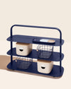 OS Navy Entryway Rack displayed with bins, baskets and nesting tray on a cream background.